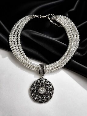 🆕❤️Classic Pearl Multi-Strand Necklace with Silver Medallion Pendant